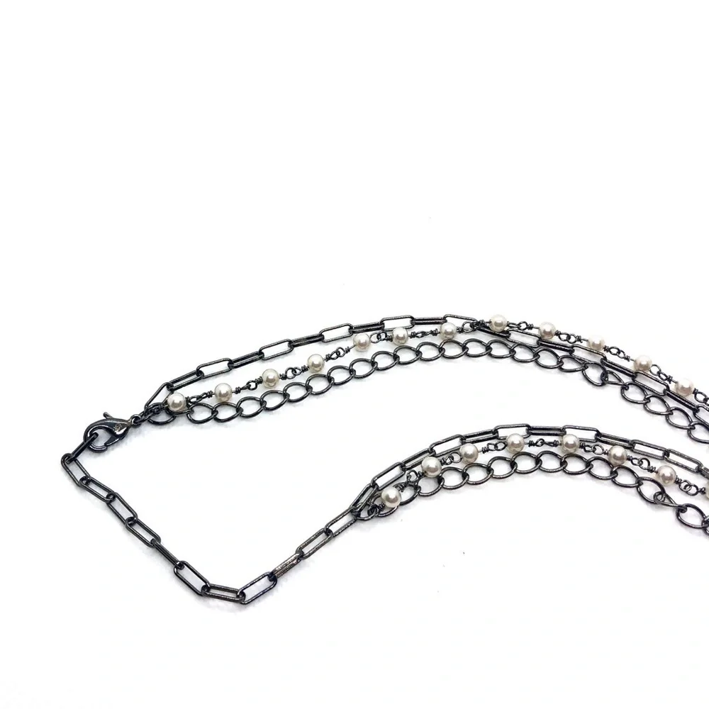 Messy Layered Pearl Necklace Gunmetal Black Rhodium Plated Sterling Silver - Picture 5 of 8